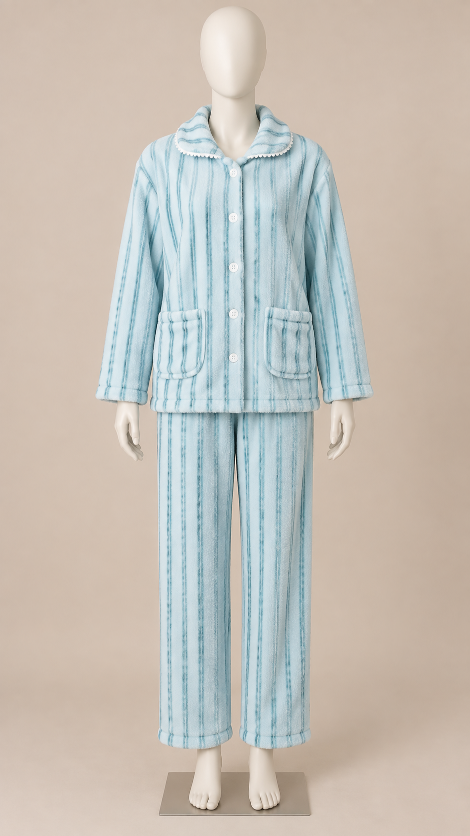 Eloise Fleece Pajama Set — Blue Stripe mannequin front