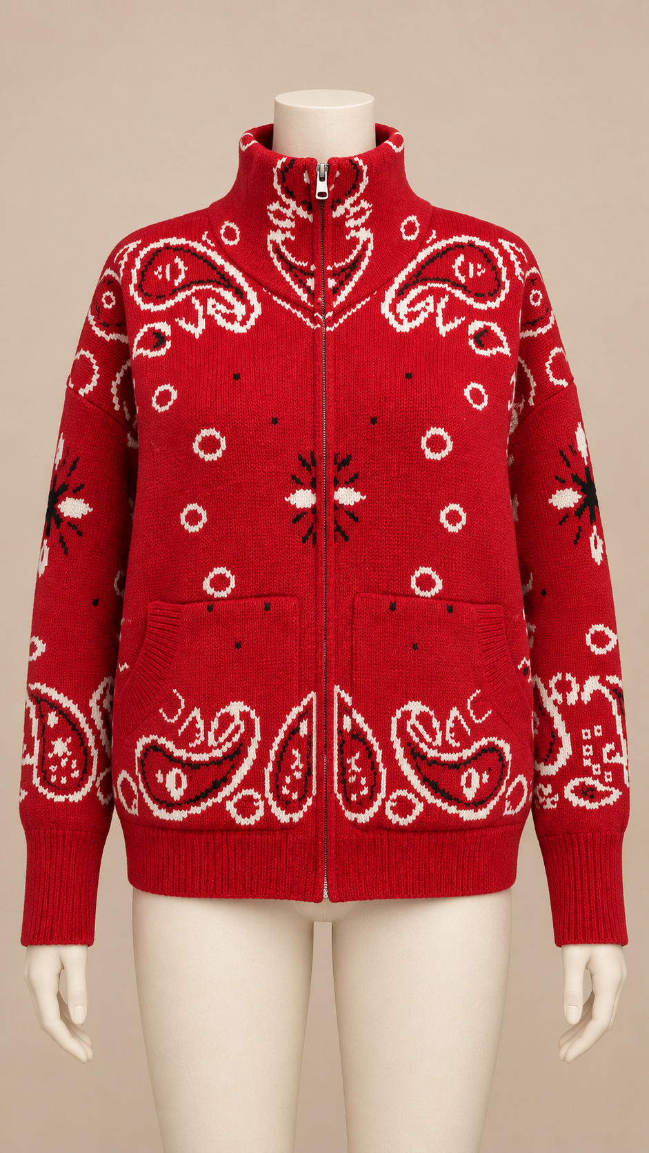 Sienna Paisley Zip Cardigan — Bright Red mannequin front