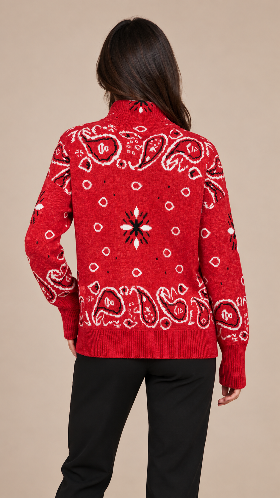 Sienna Paisley Zip Cardigan — Bright Red model back