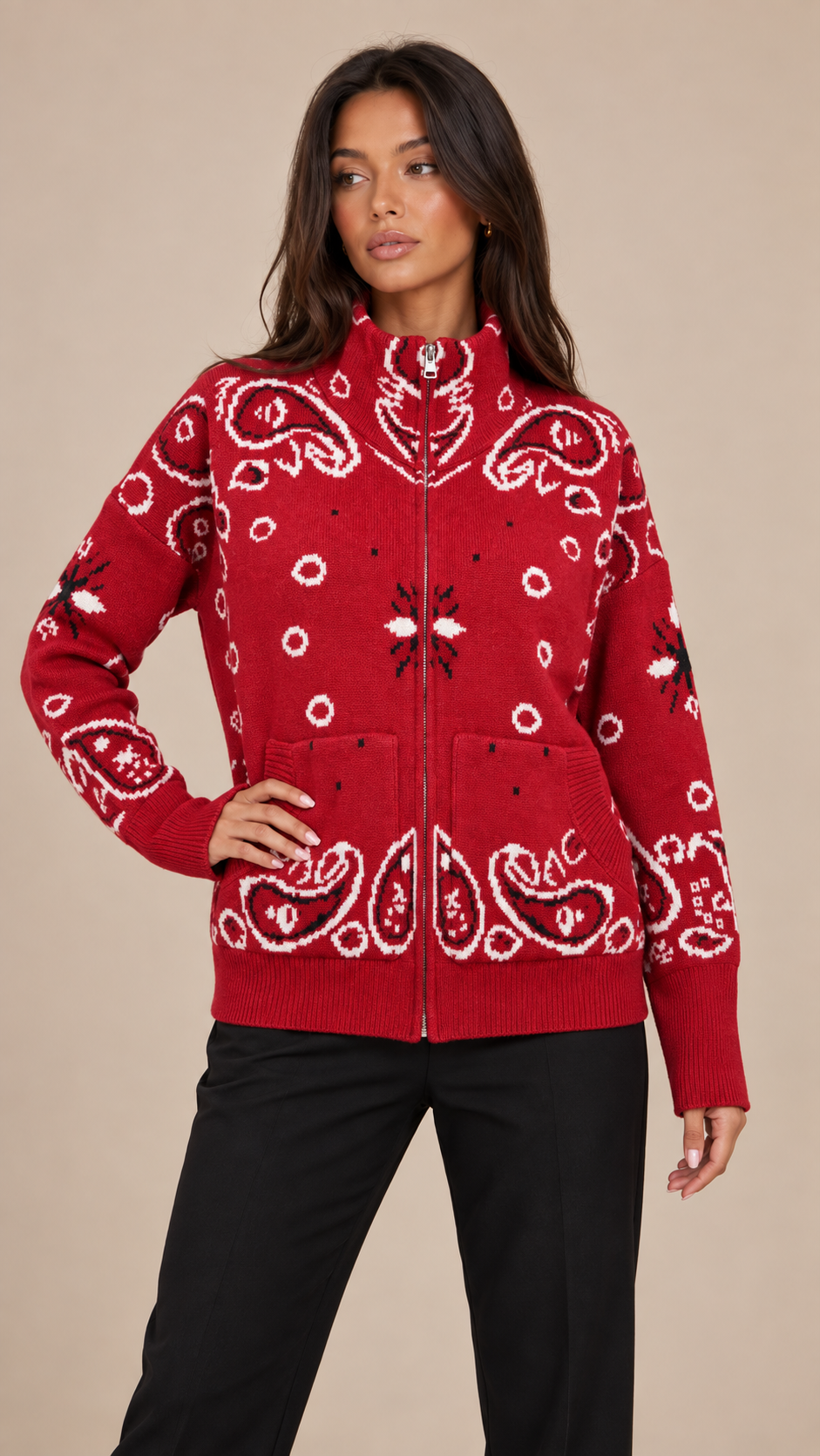 Sienna Paisley Zip Cardigan — Bright Red model front