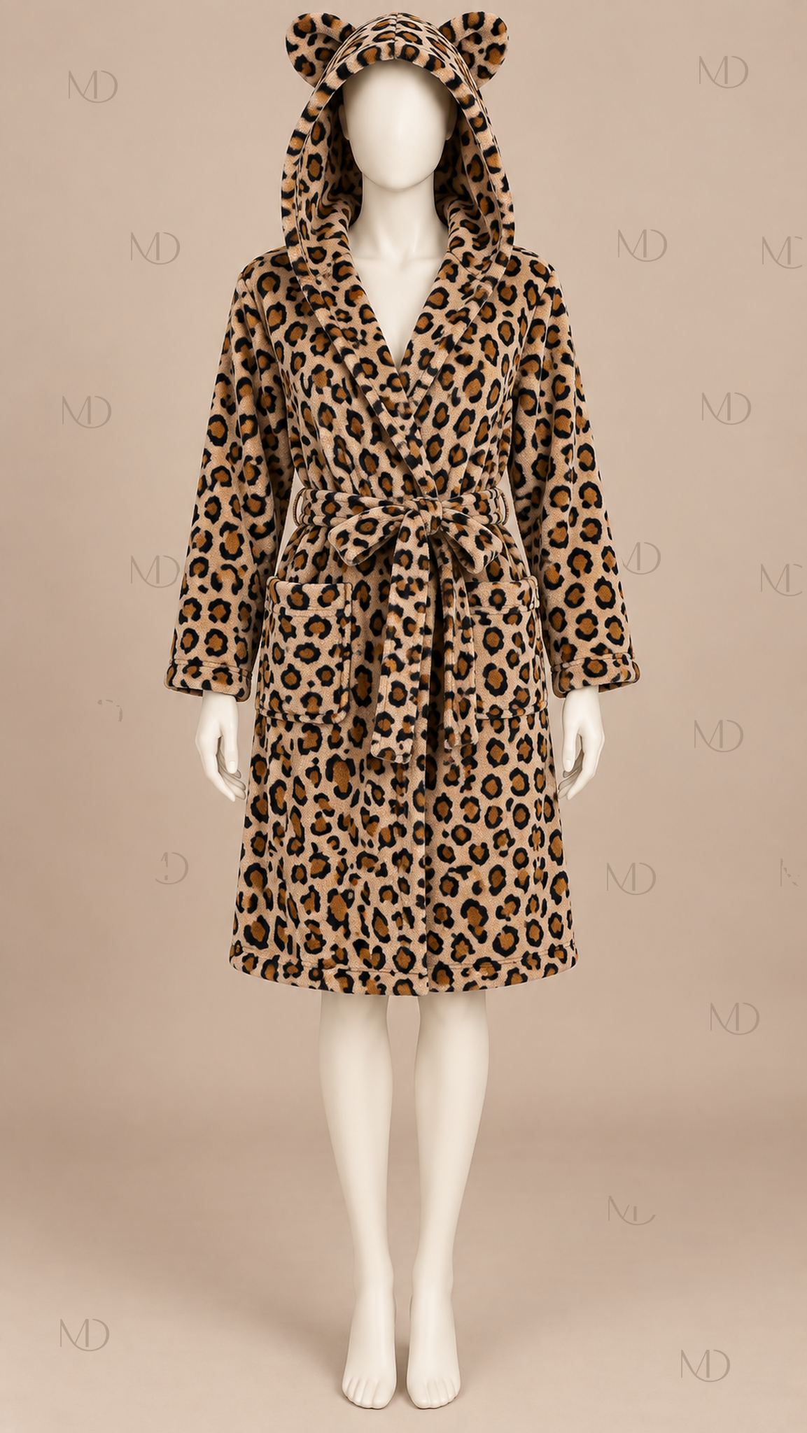Leona Hooded Fleece Robe — Brown Leopard mannequin front