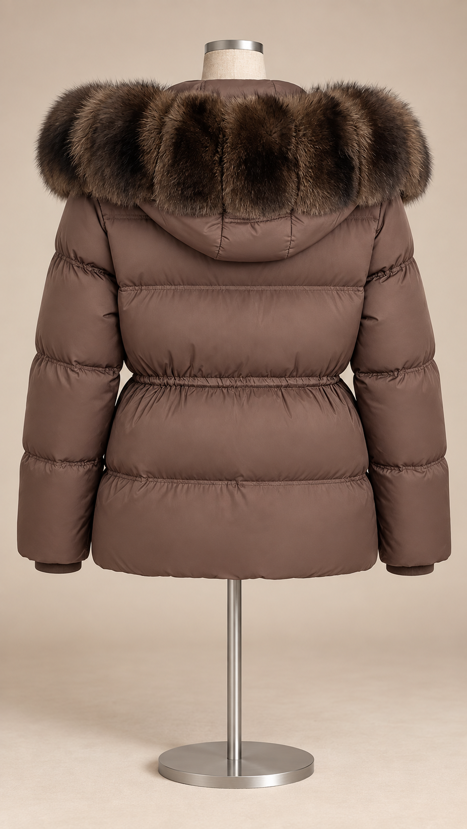 Isolde Fox-Hood Puffer — Brown mannequin back
