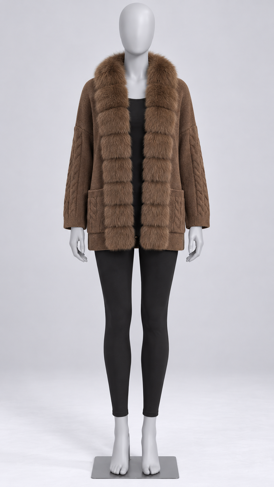 Maribelle Plush-Front Cardigan — Brown mannequin front