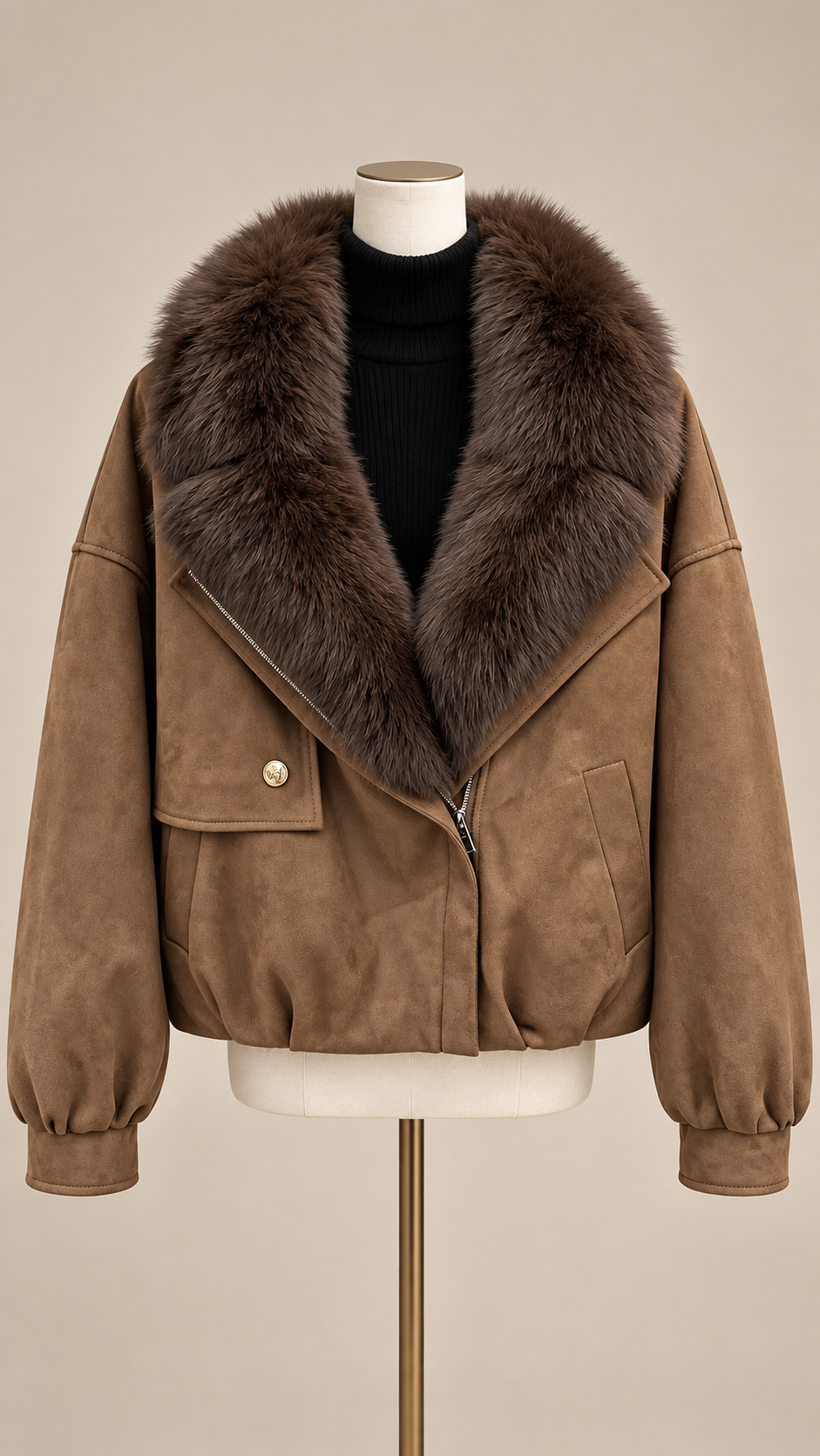 Ines Fox Fur Moto Jacket — Brown mannequin front