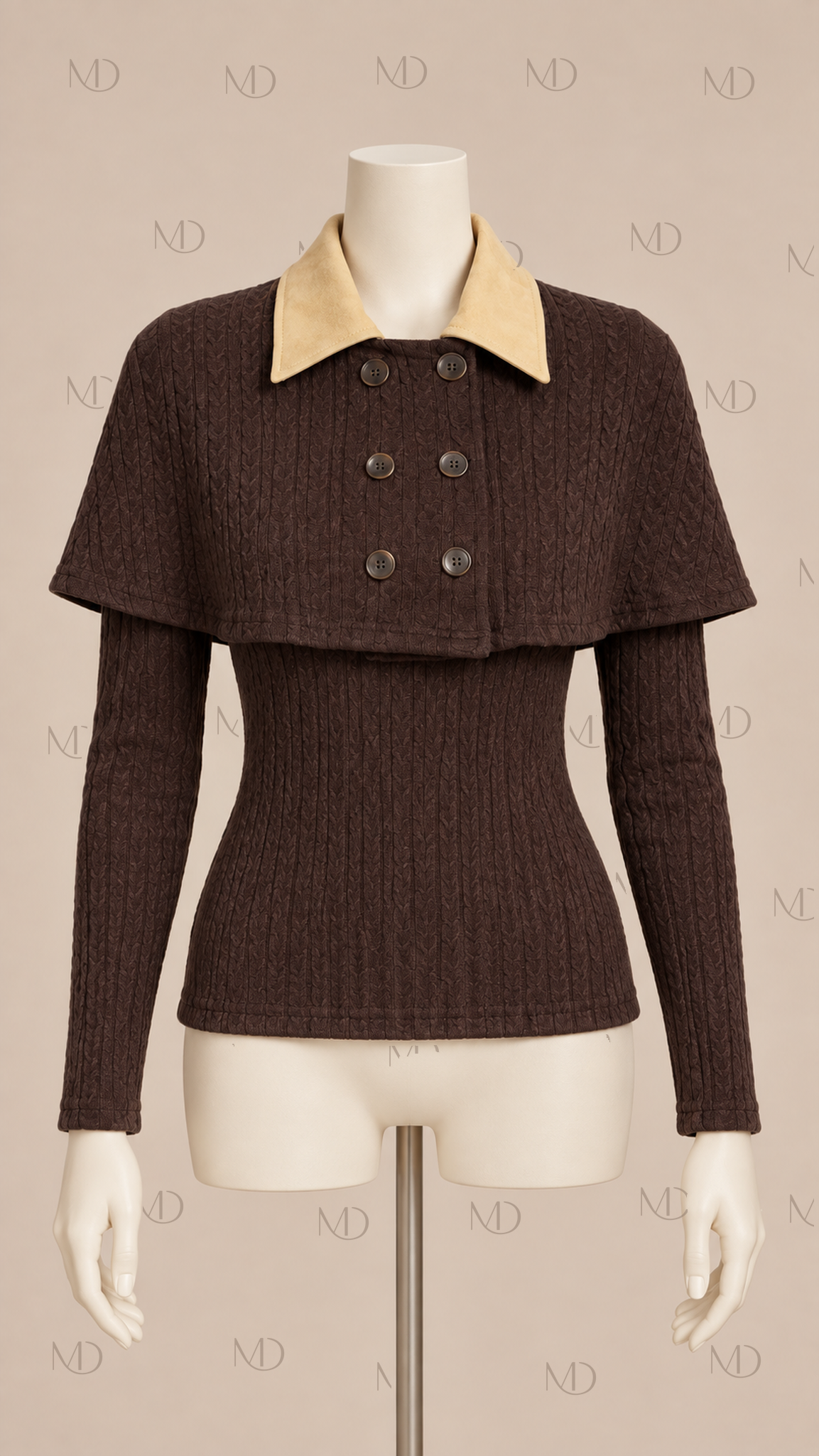 Yuzu Cable Knit Capelet Set — Brown mannequin front