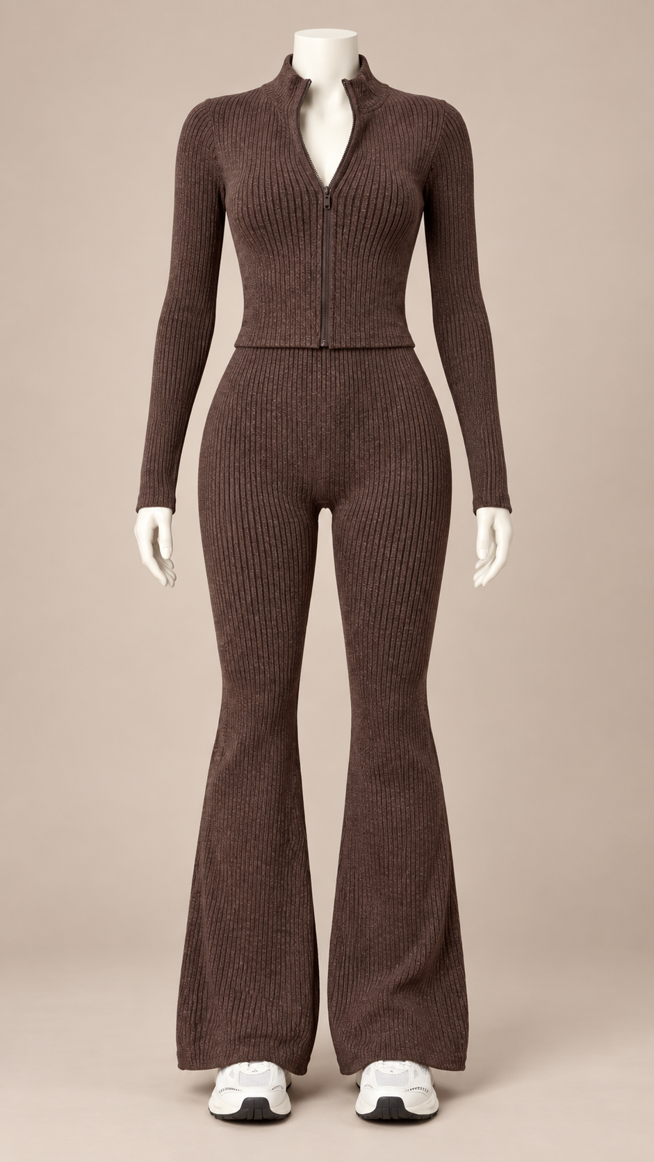 Nova Ribbed Flare Yoga Set — Brown mannequin front