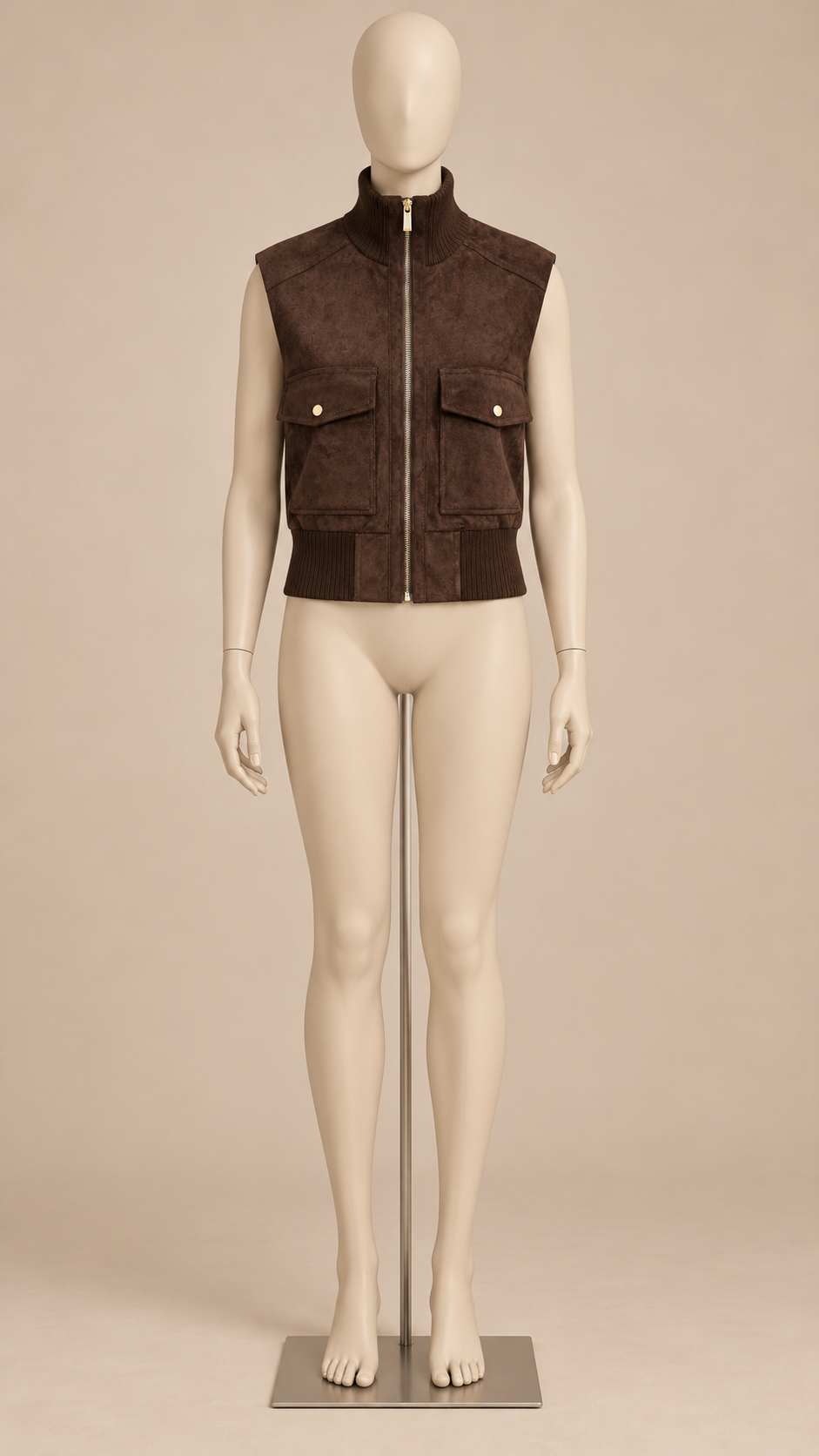 Darcia Rib-Collar Suede Vest — Brown mannequin front