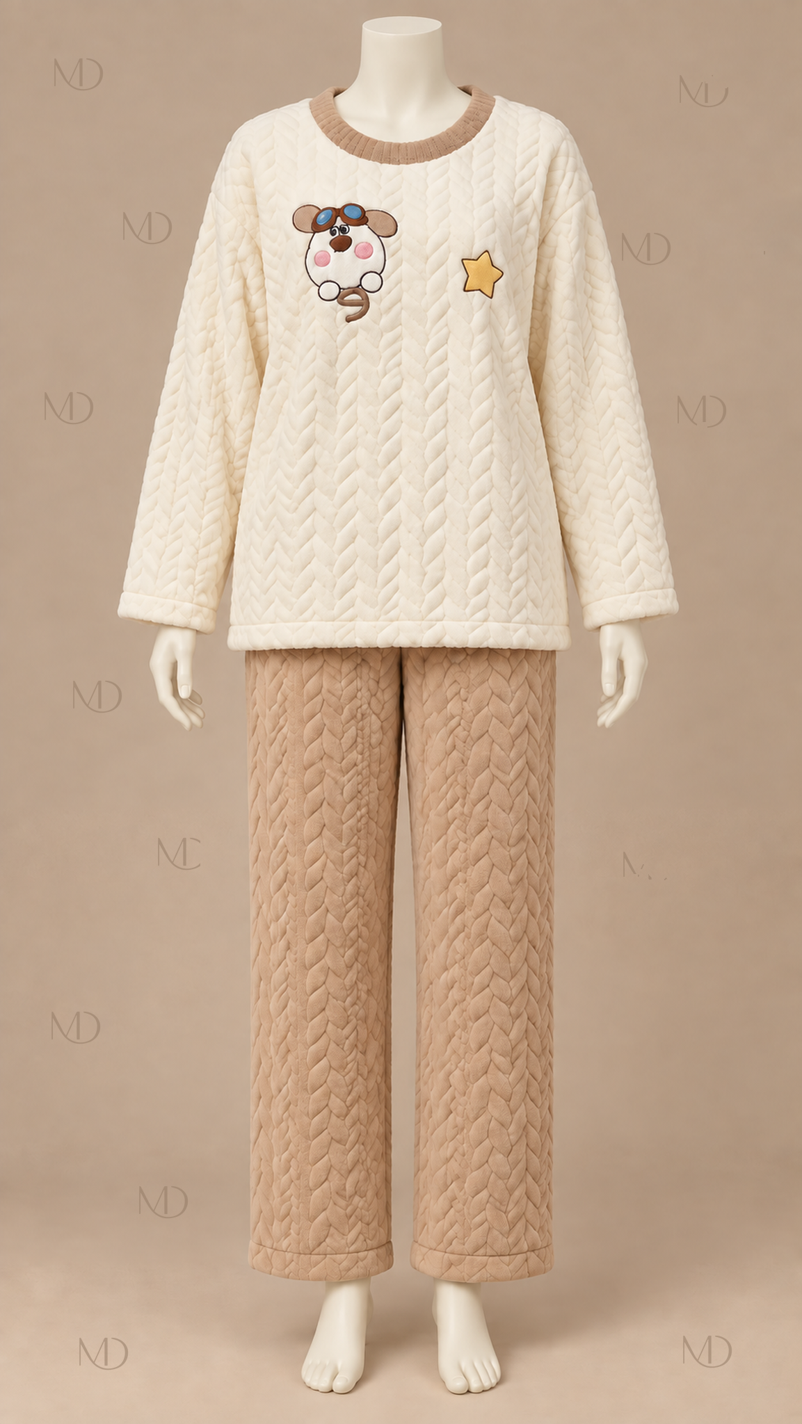 Cocoa Padded Cartoon Pajama Set — Brown mannequin front