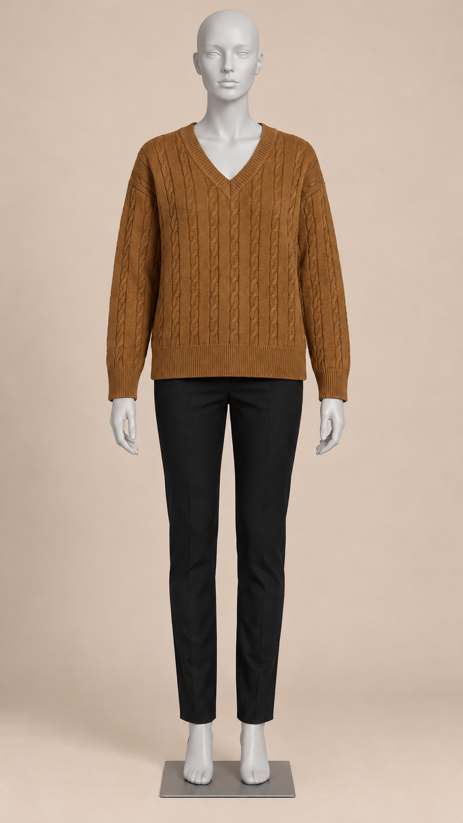 Marit Cable V-Neck Sweater — Brown mannequin front