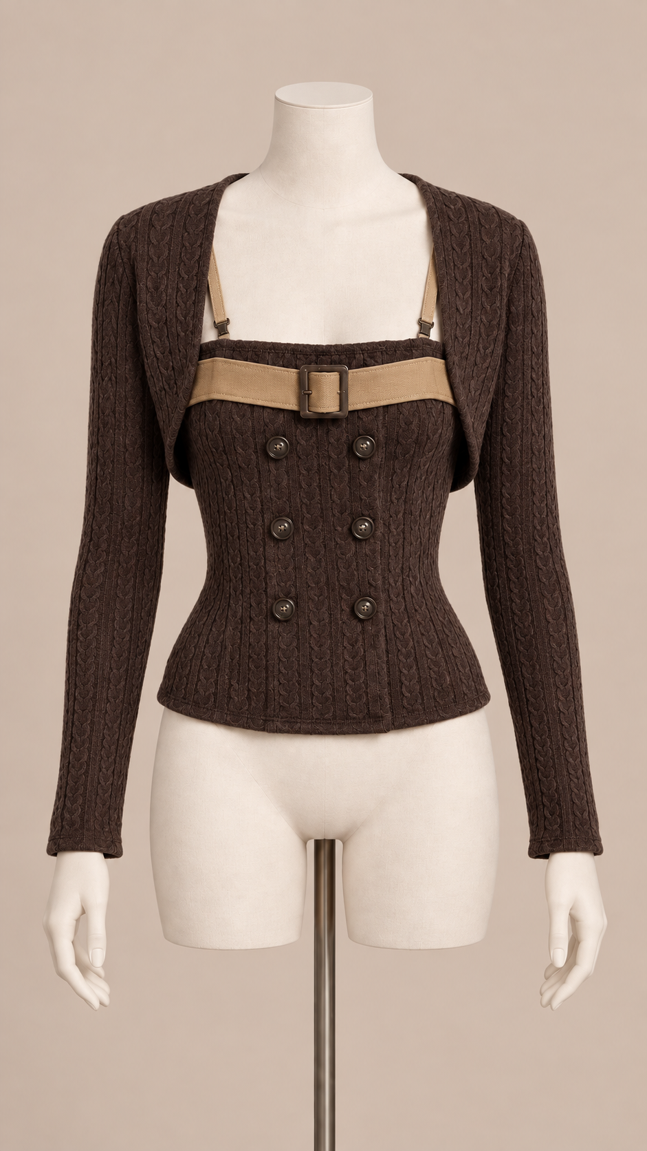 Verity Corset Cardigan Set — Brown mannequin front