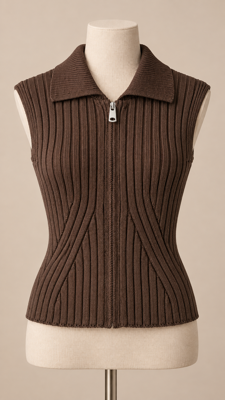 Sienna Ribbed Zip Knit Top — Brown mannequin front