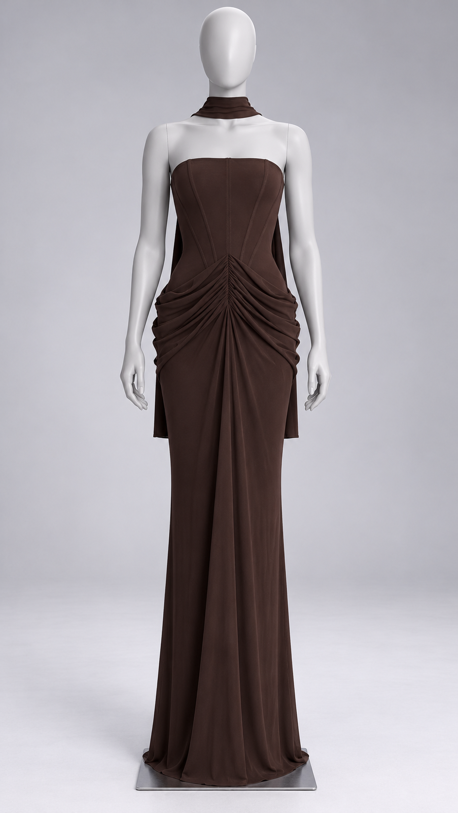 Clementia Ruched Maxi — Brown mannequin front