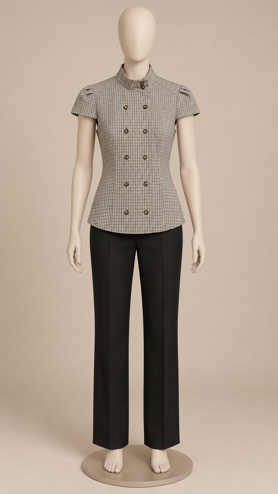 Odalie Check Cap-Sleeve Top — Brown mannequin front