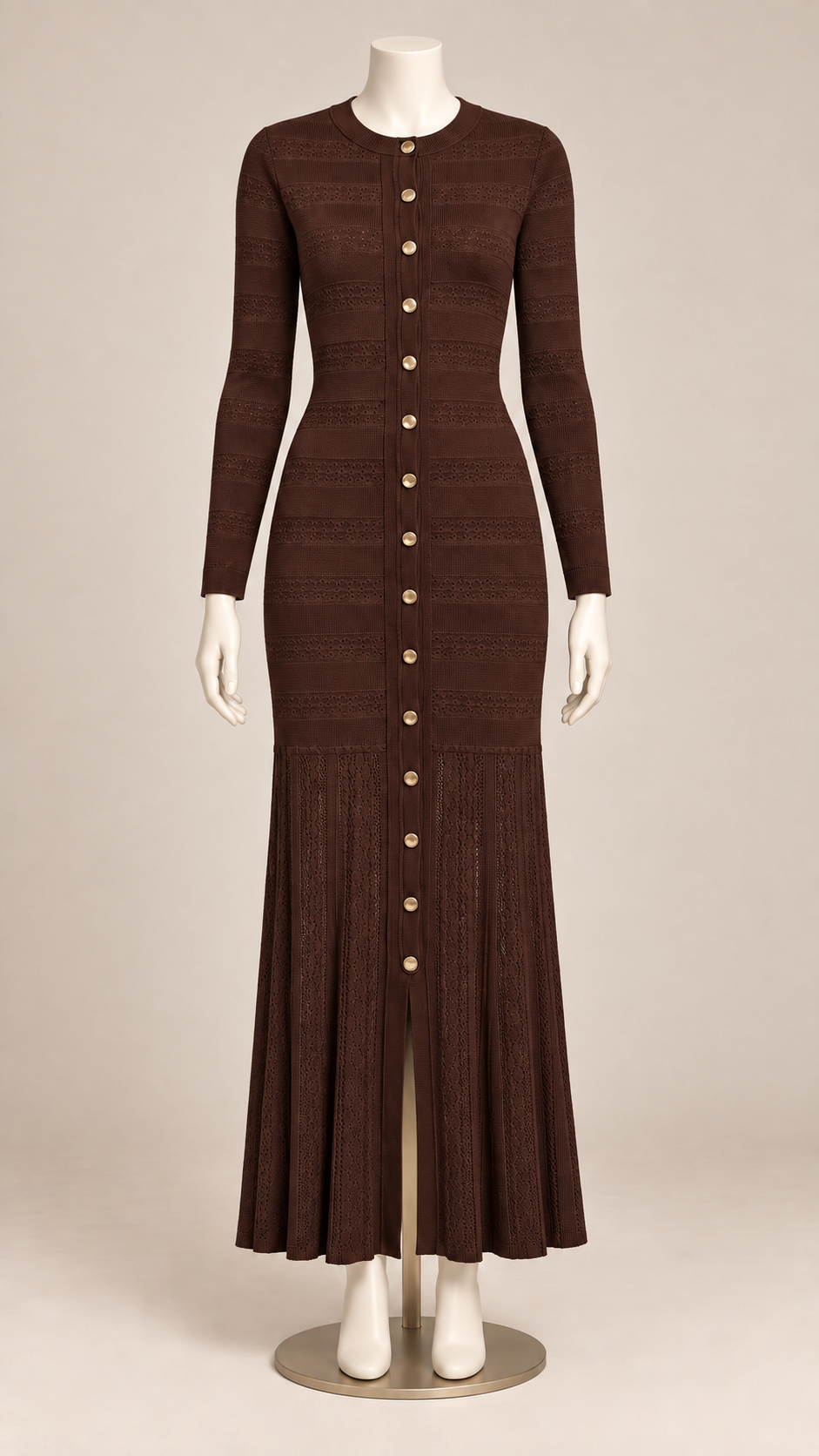 Noemi Ribbed Knit Maxi Dress — Brown mannequin front