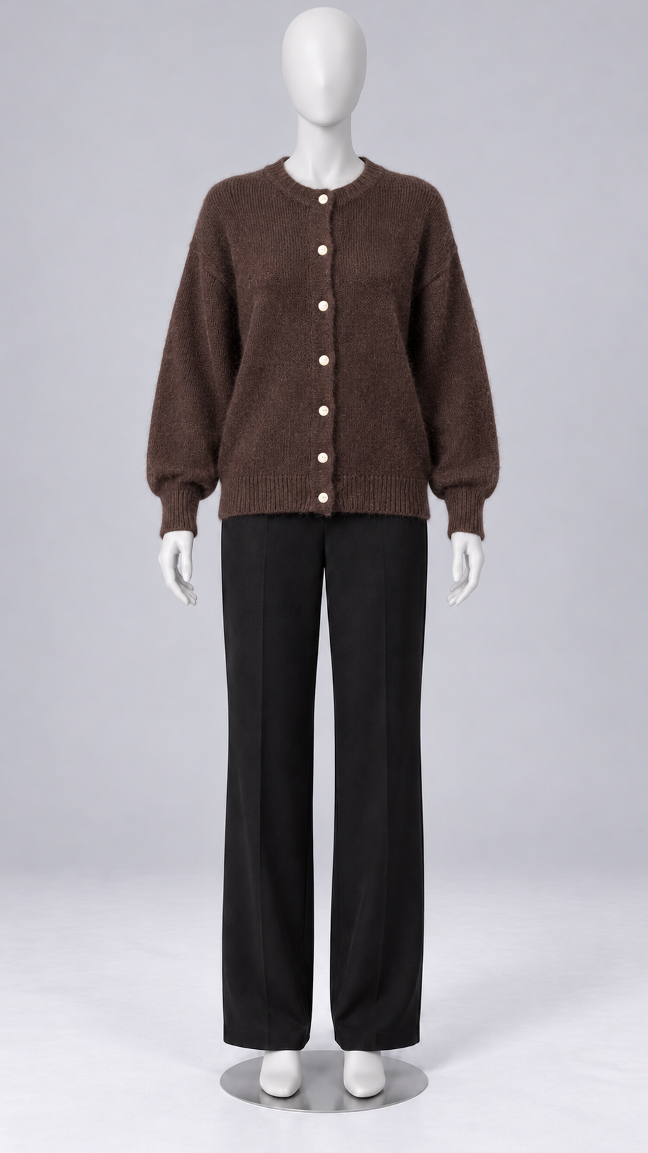 Celestine Shell-Button Cardigan — Brown mannequin front