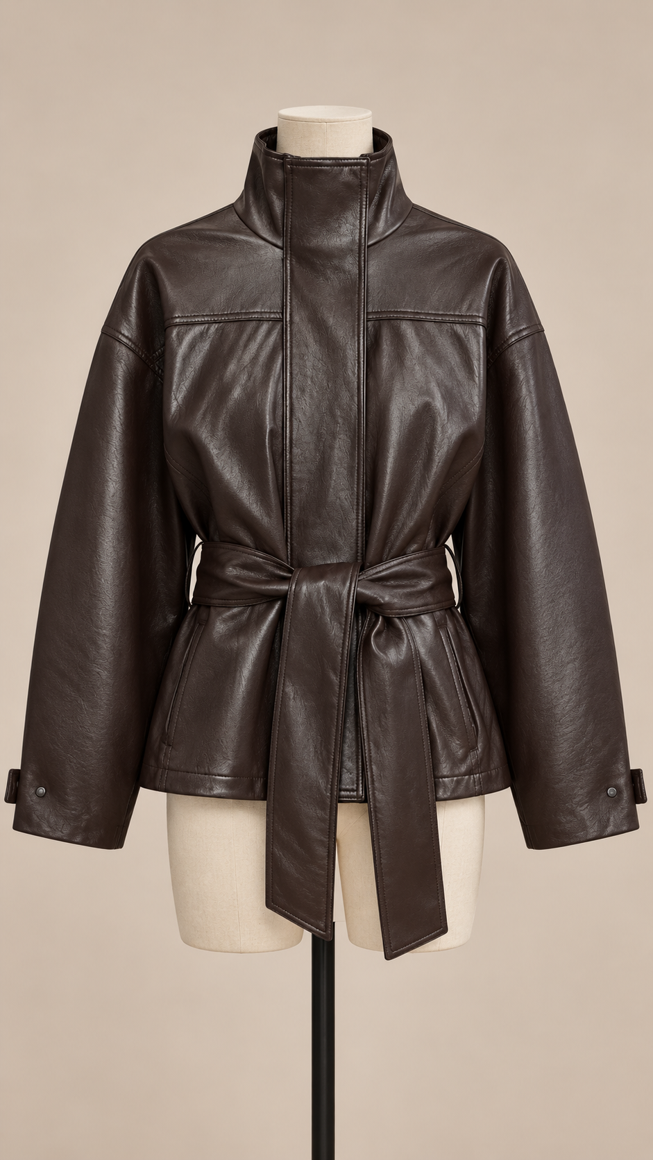 Vivienne Belted Moto Jacket — Brown mannequin front