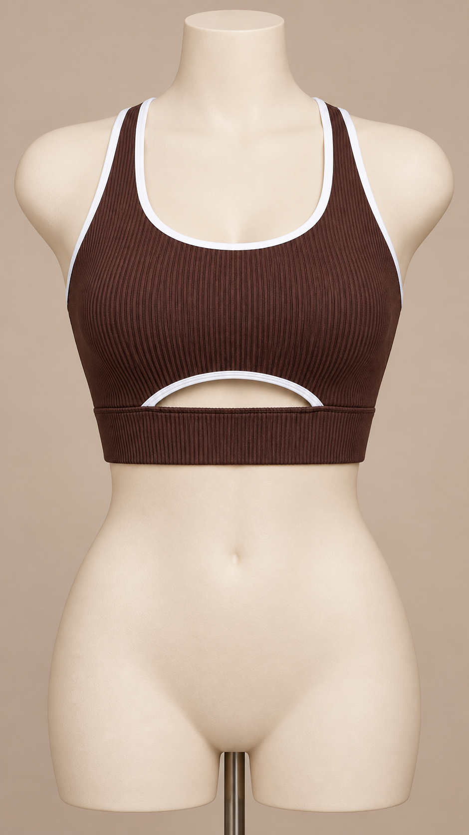 Kaia Cutout Racerback Sports Bra — Brown mannequin front