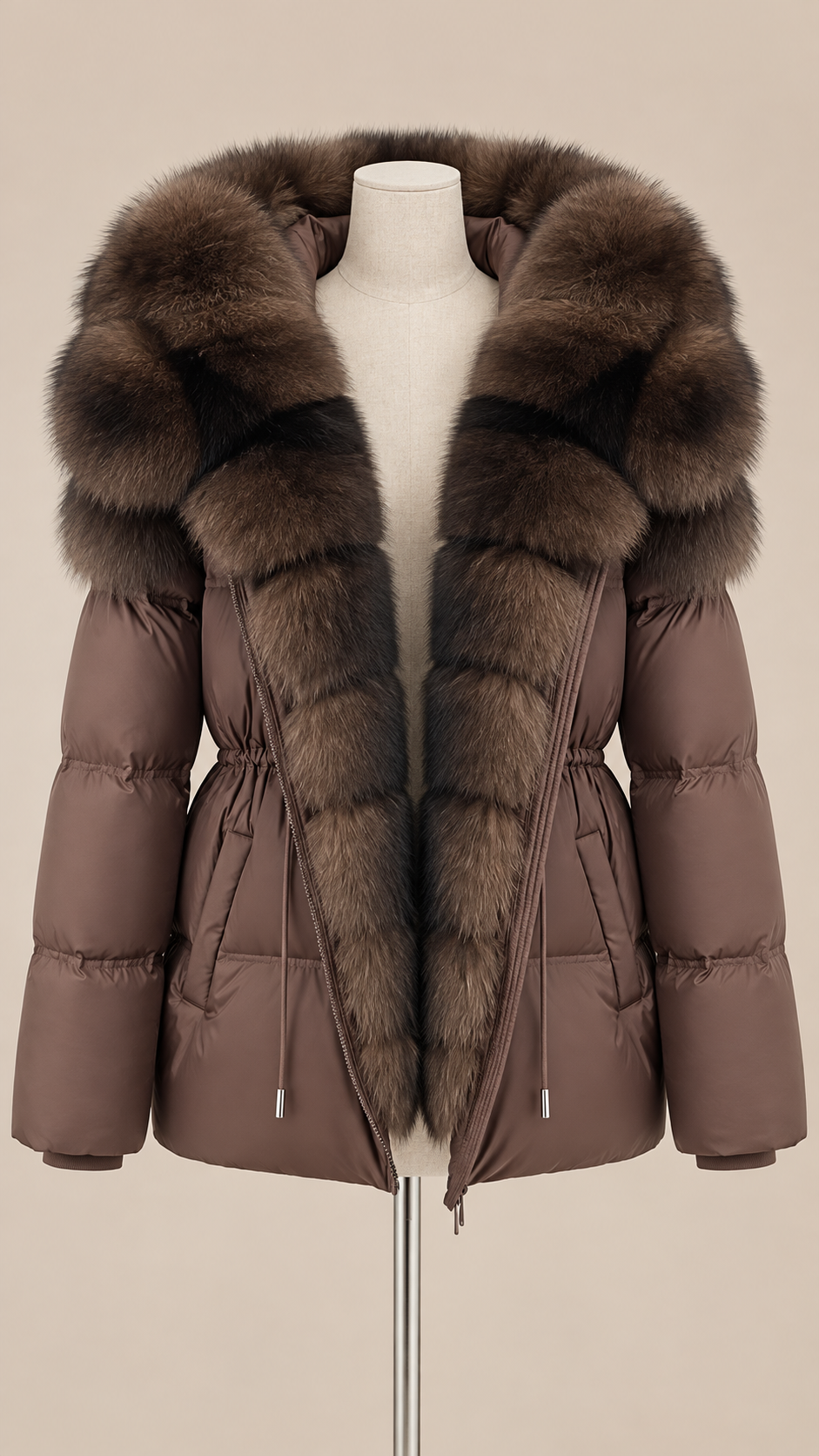 Isolde Fox-Hood Puffer — Brown mannequin front
