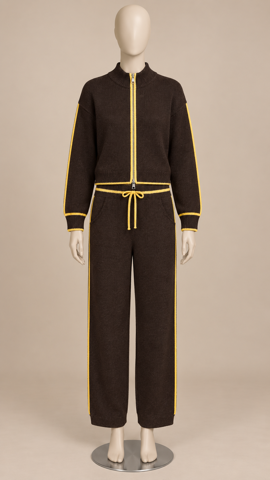 Henrietta Piped Knit Set — Brown mannequin front