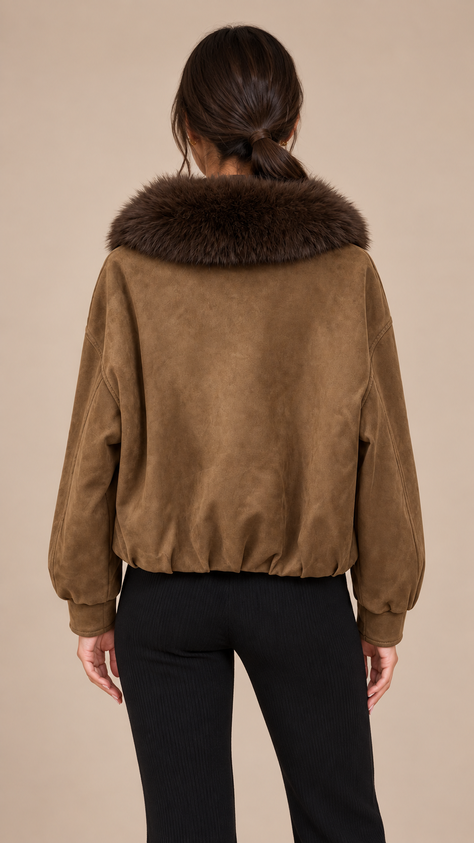 Ines Fox Fur Moto Jacket — Brown model back