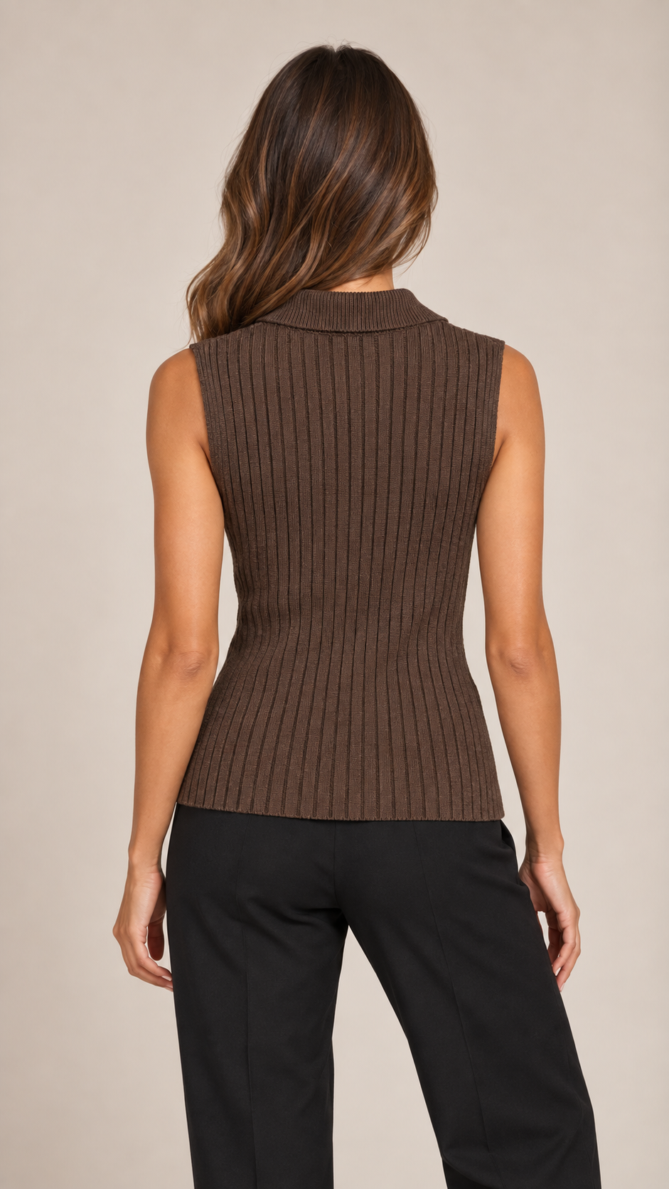 Sienna Ribbed Zip Knit Top — Brown model back