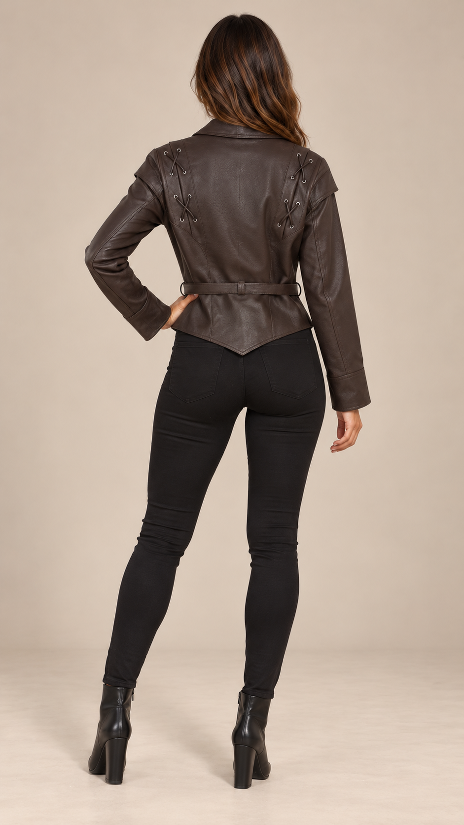 Annora Lace-Up Wrap Jacket — Brown model back