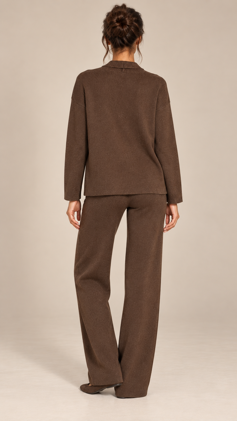 Gwenllian One-Shoulder Knit Set — Brown model back