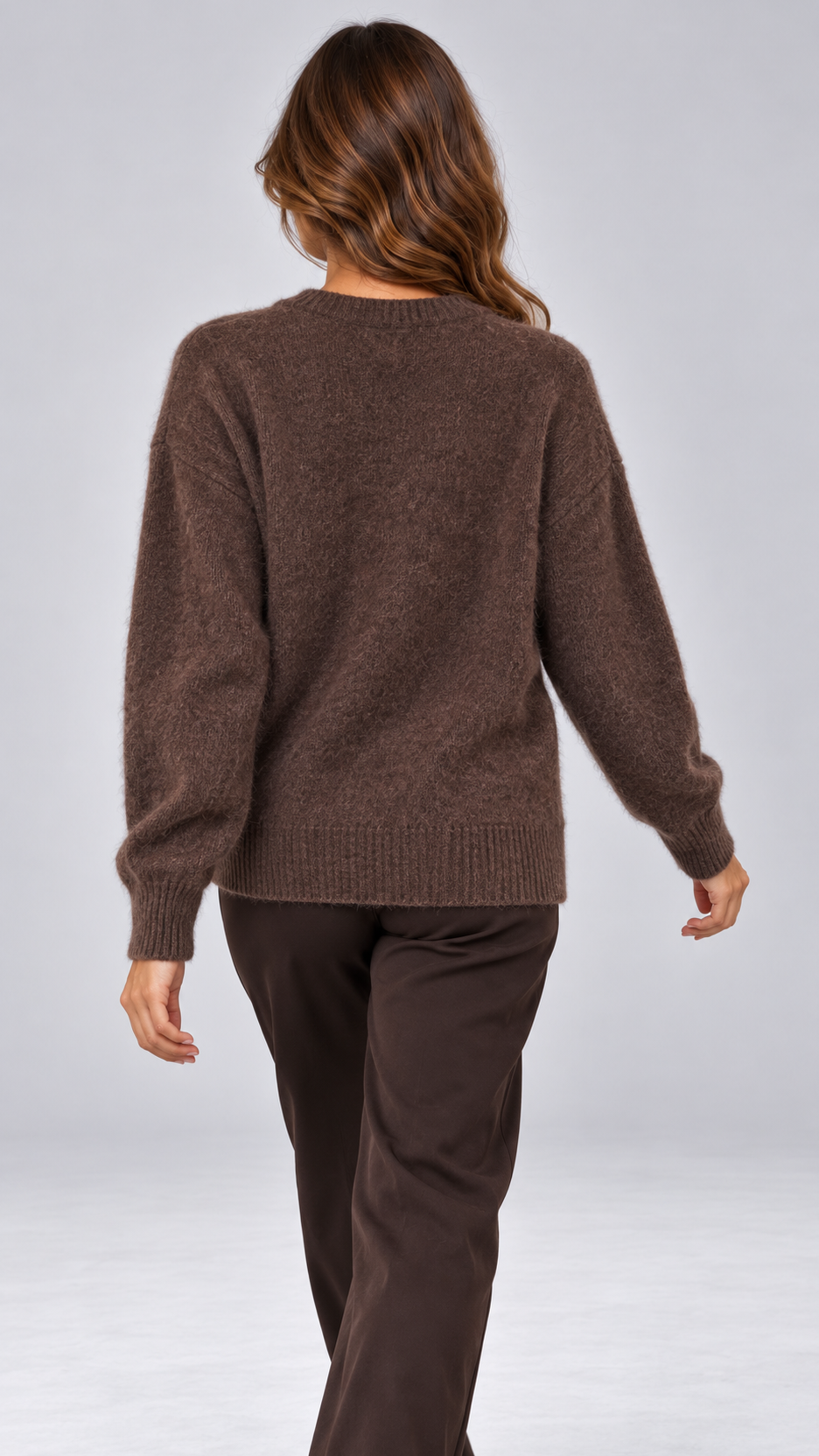 Celestine Shell-Button Cardigan — Brown model back