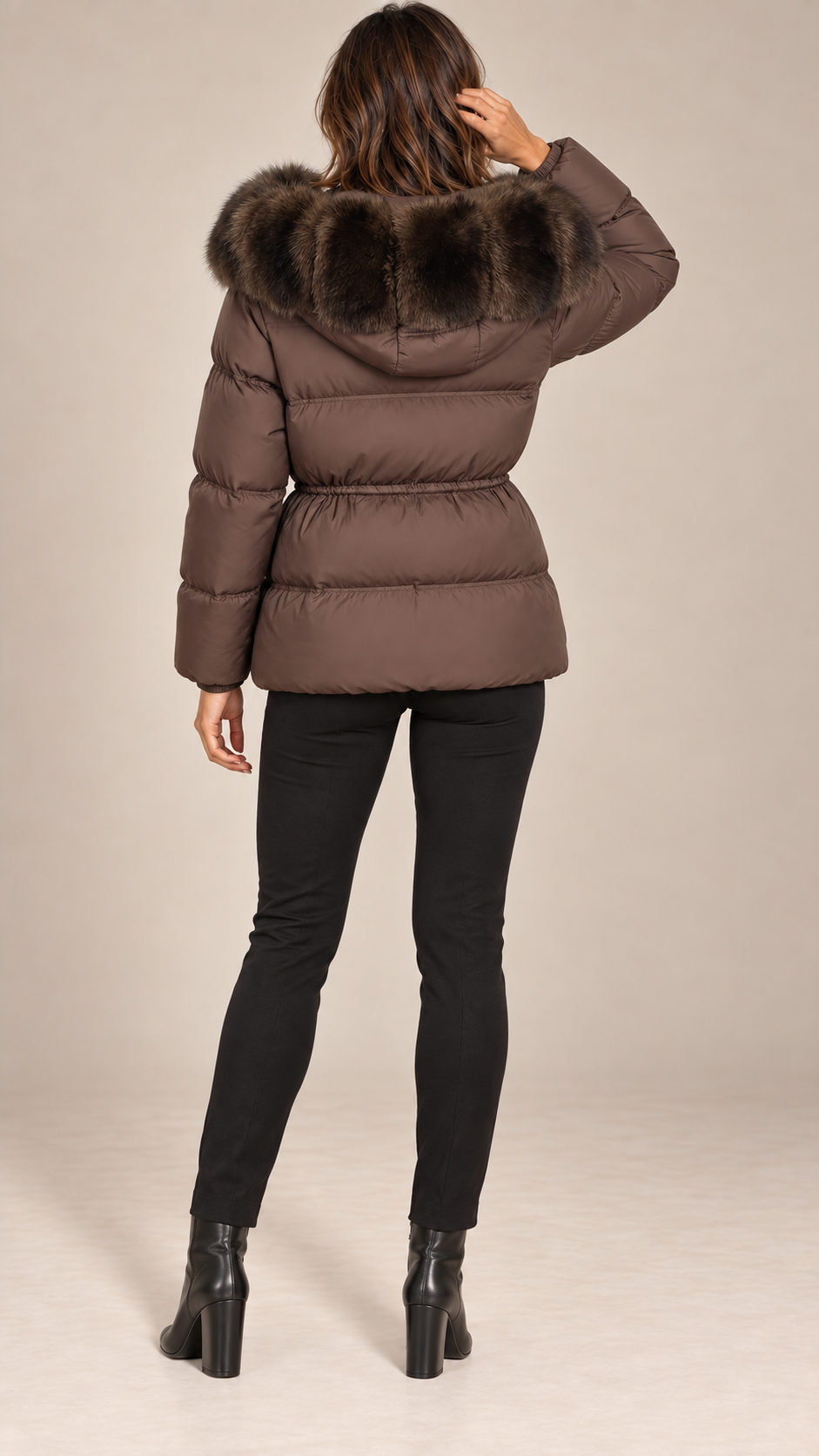 Isolde Fox-Hood Puffer — Brown model back
