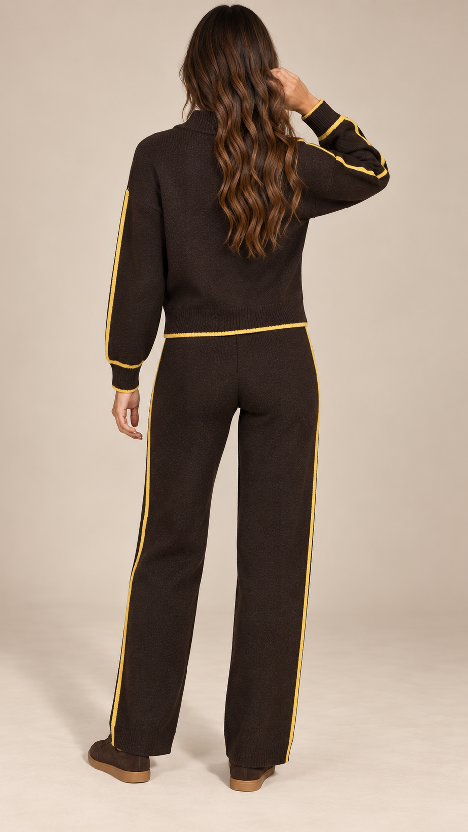 Henrietta Piped Knit Set — Brown model back
