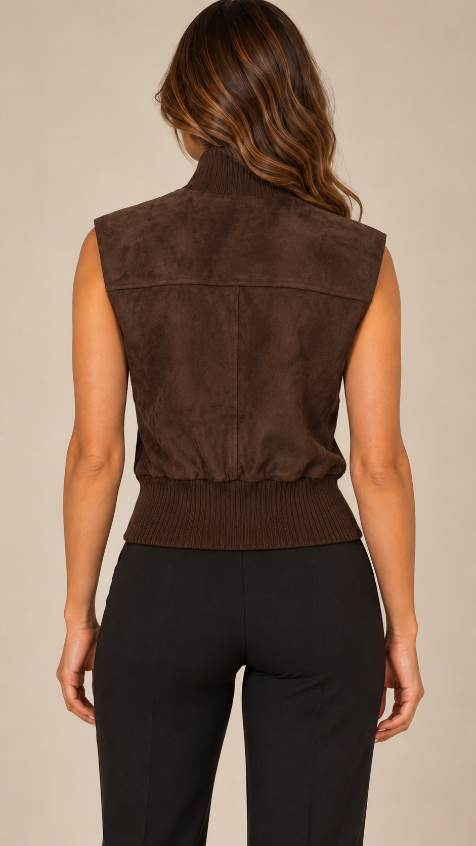 Darcia Rib-Collar Suede Vest — Brown model back