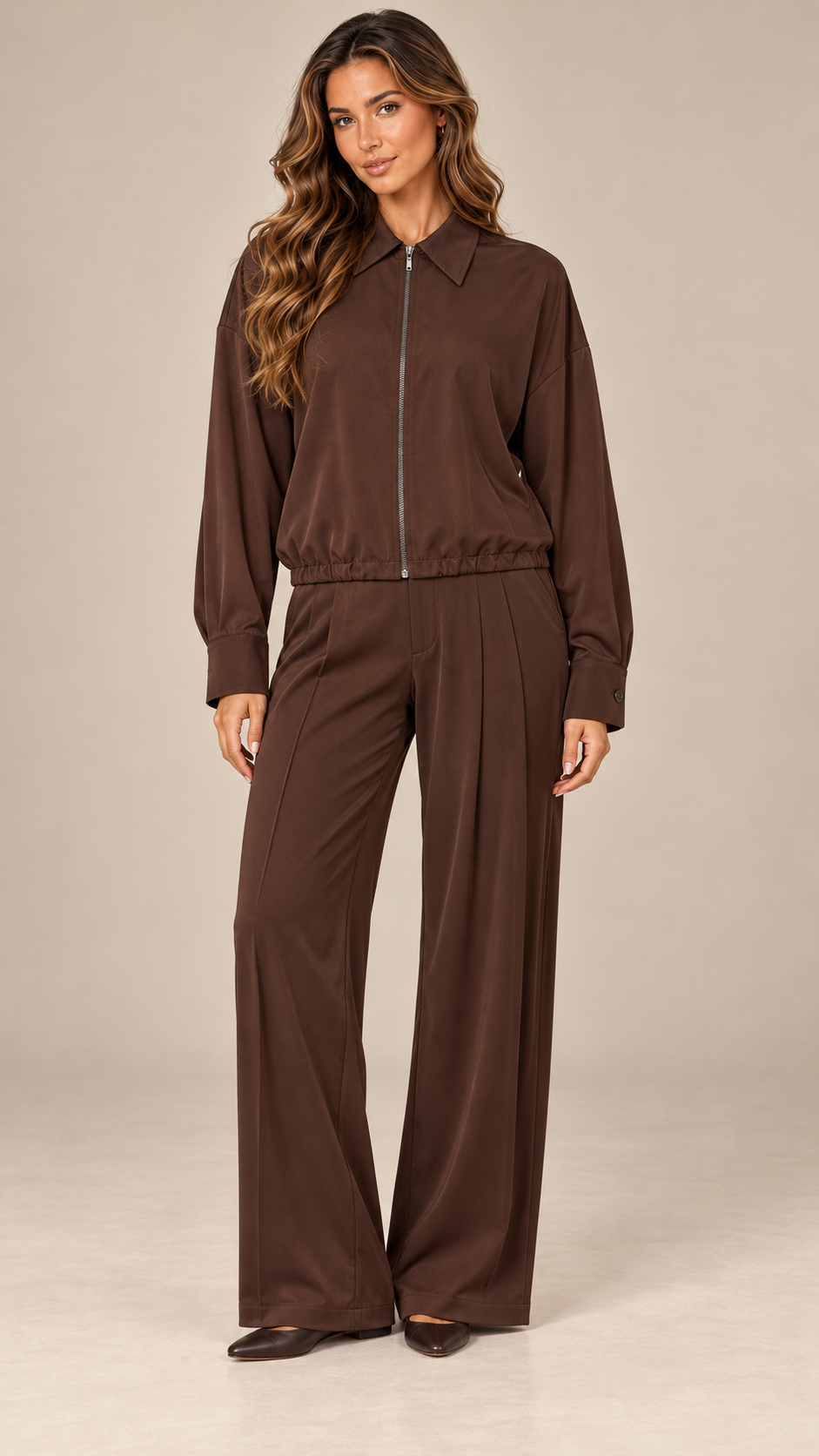 Marisa Zip-Collar Set — Brown model front