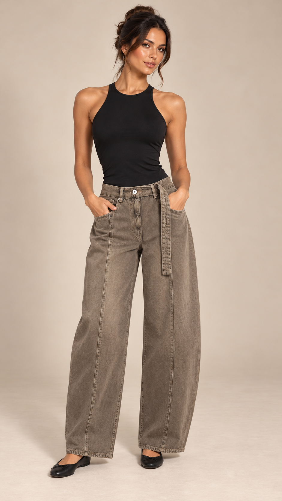 Henrike Whiskered Barrel Jeans — Brown model front
