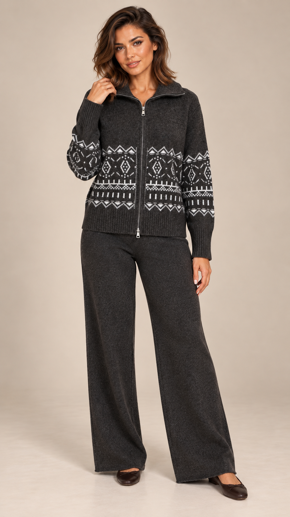 Ingeline Fair Isle Knit Set — Brown model front