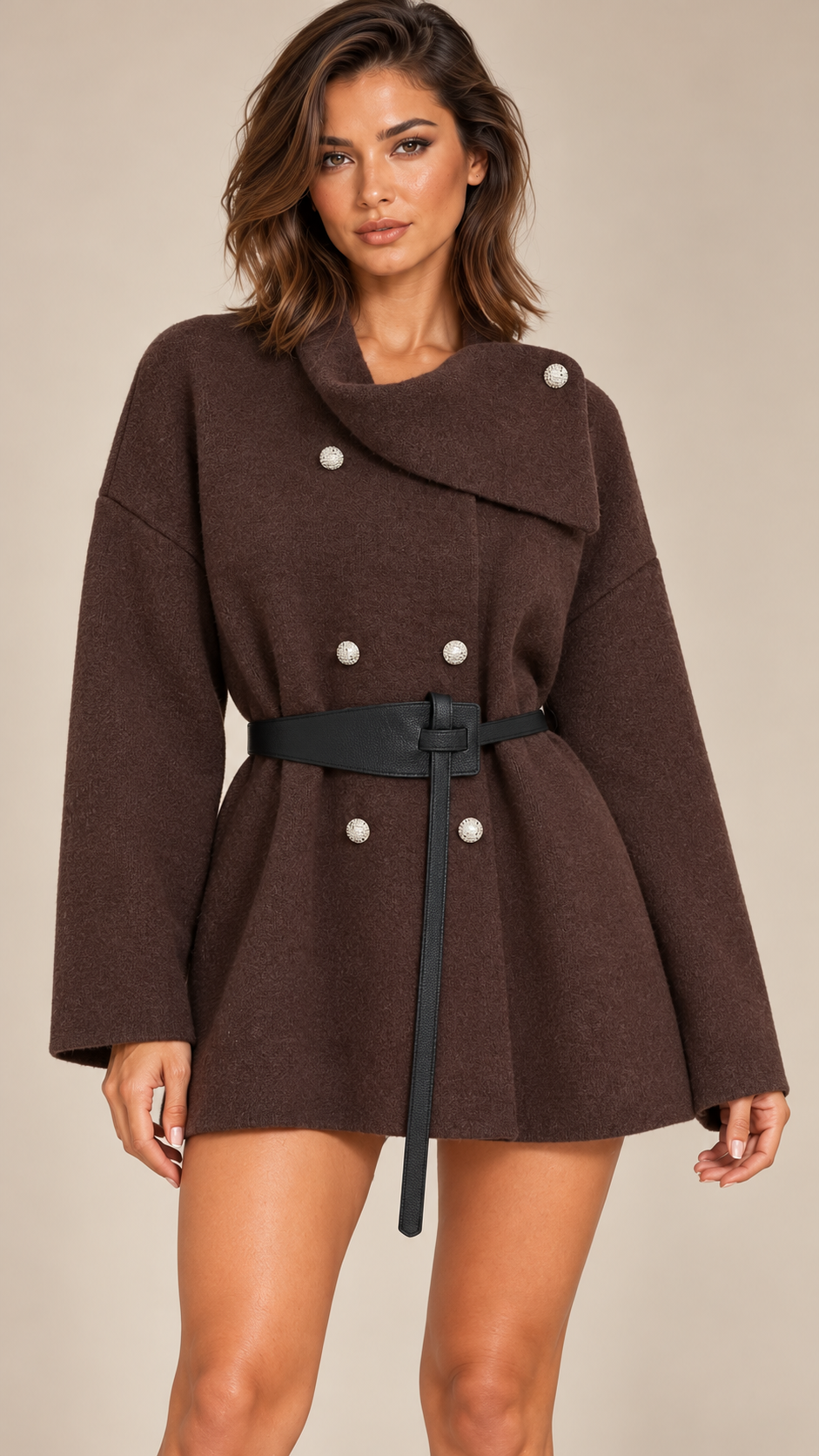 Philippine Sash-Belt Cardigan — Brown model front