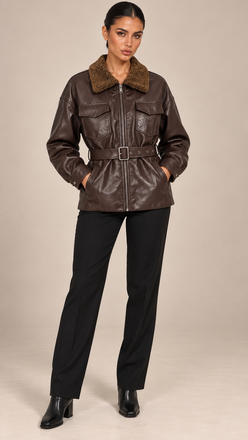 Harriet Shearling Jacket — Brown model front
