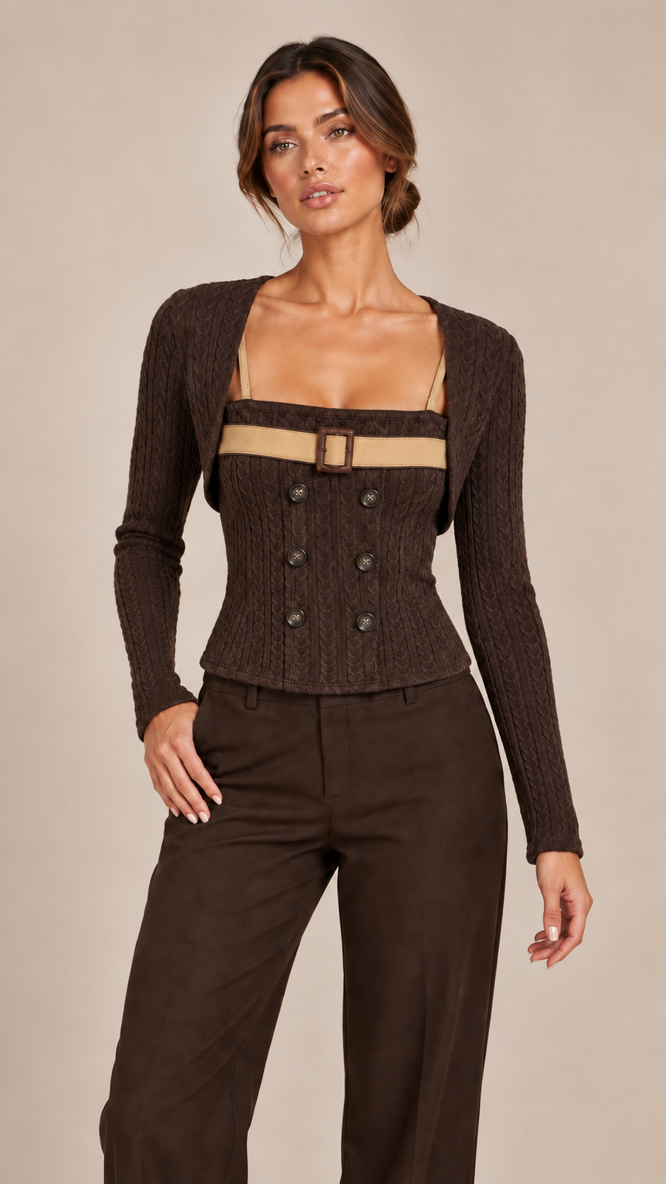 Verity Corset Cardigan Set — Brown model front
