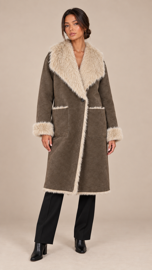 Noelle Reversible Shearling Coat — Brown model front