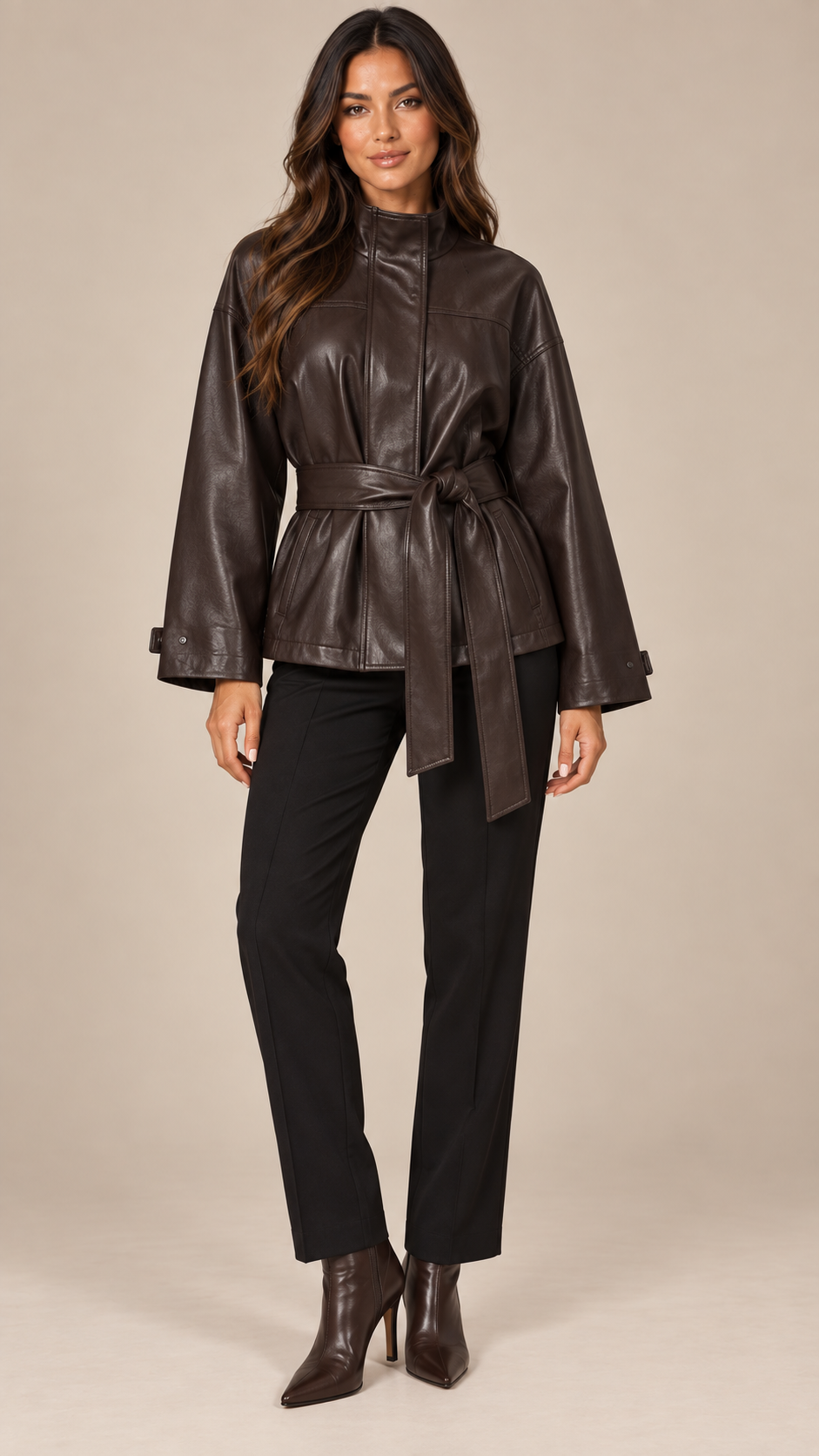 Vivienne Belted Moto Jacket — Brown model front