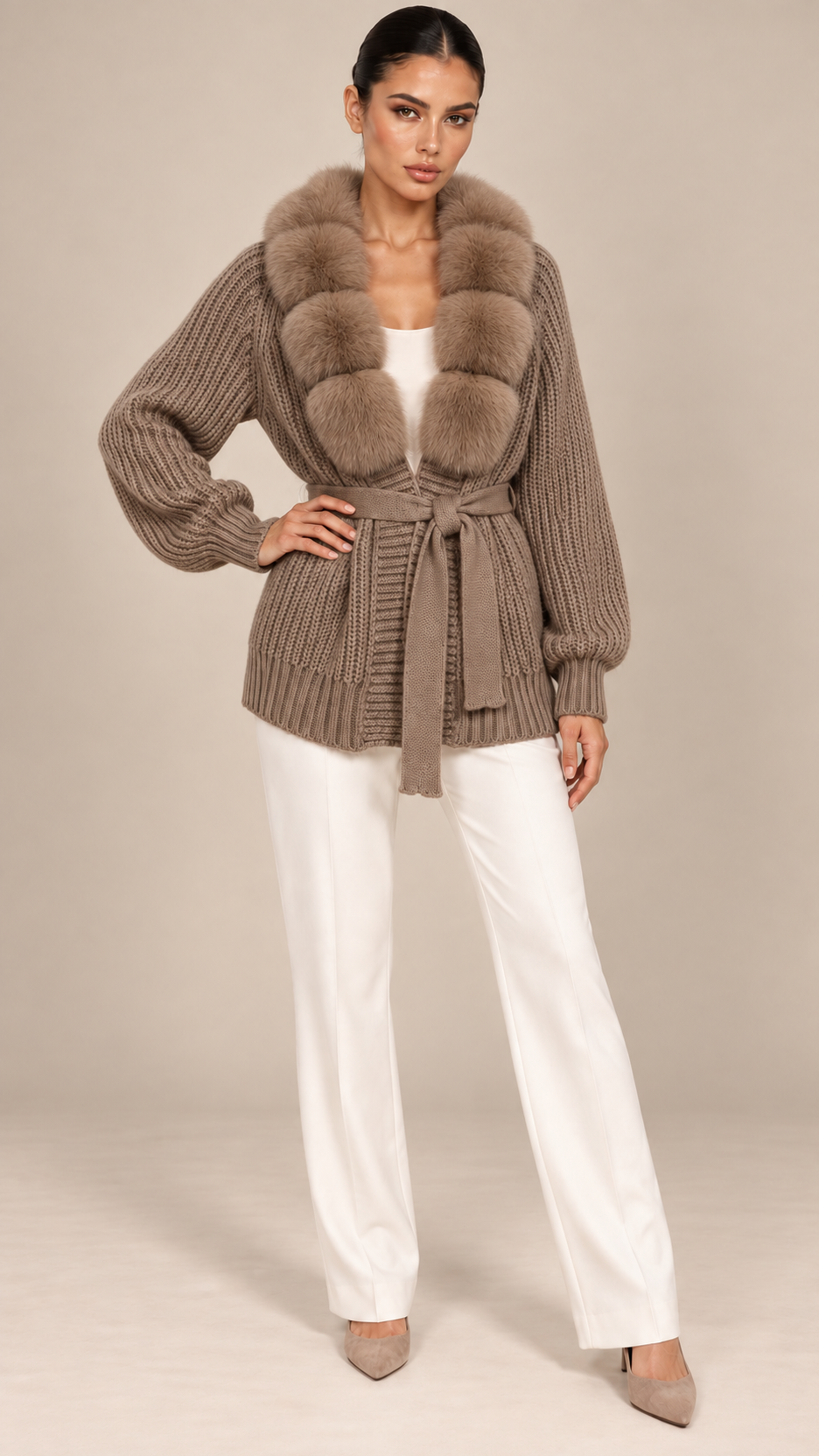 Margot Plush Cardigan — Brown model front