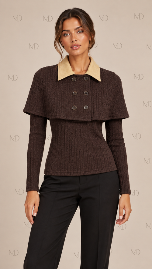 Yuzu Cable Knit Capelet Set — Brown model front