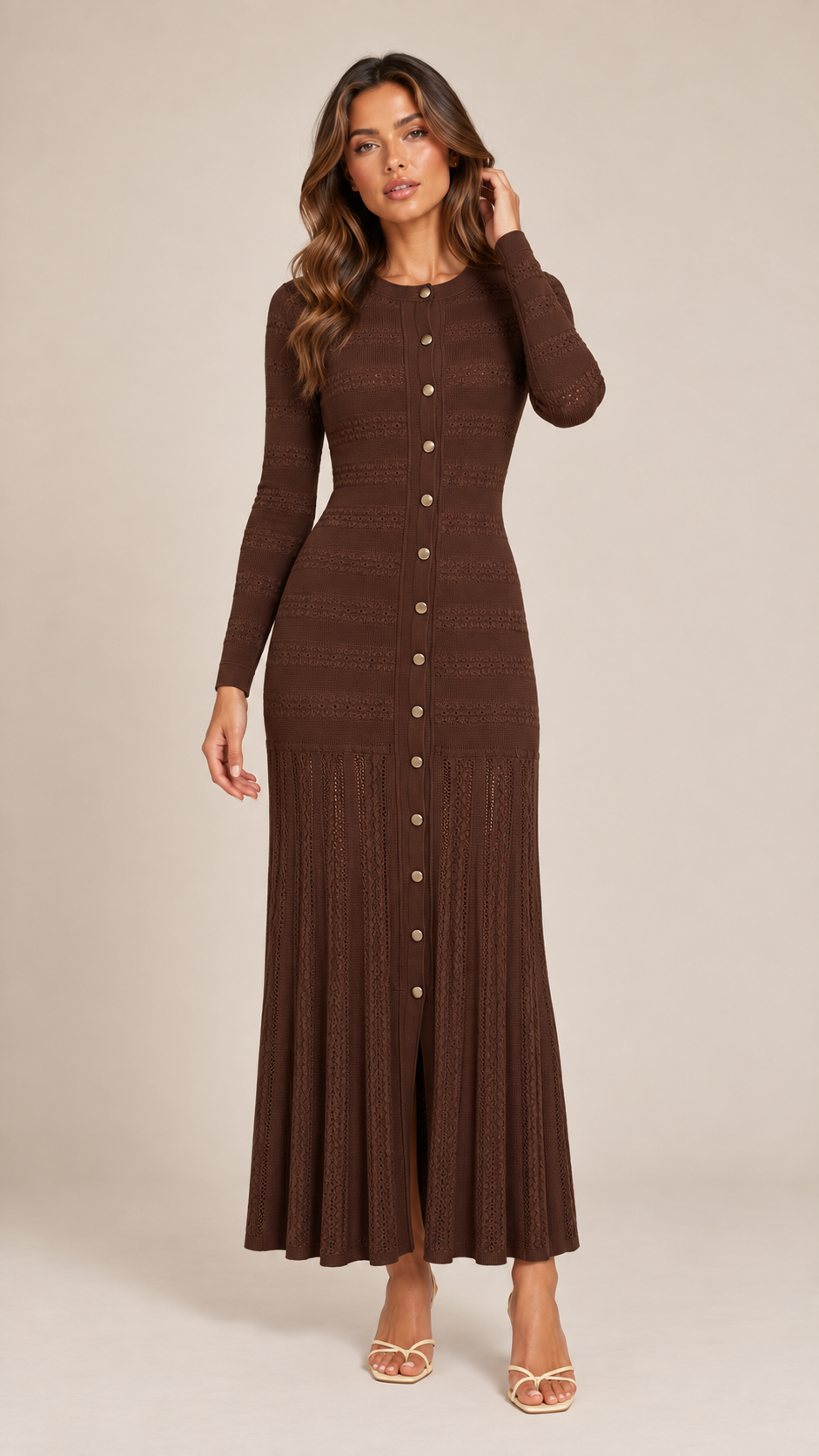 Noemi Ribbed Knit Maxi Dress — Brown model front