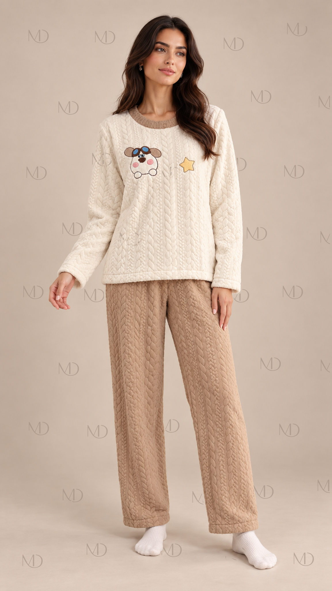 Cocoa Padded Cartoon Pajama Set — Brown model front