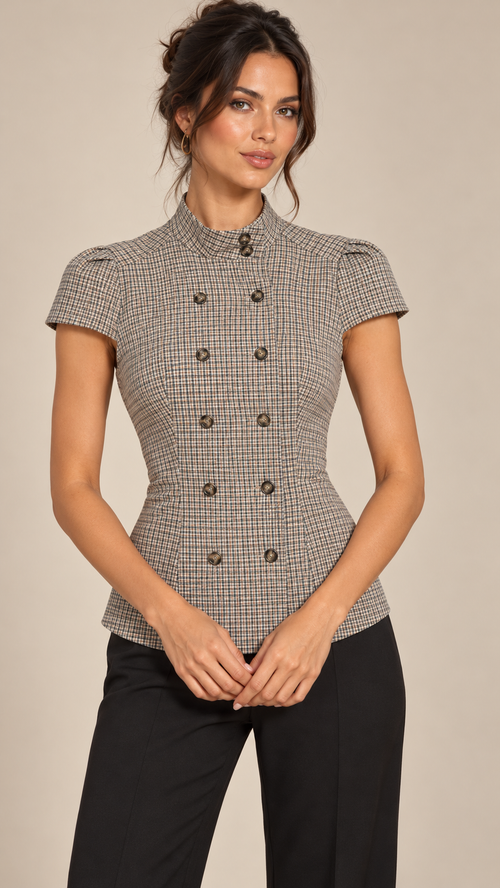 Odalie Check Cap-Sleeve Top — Brown model front