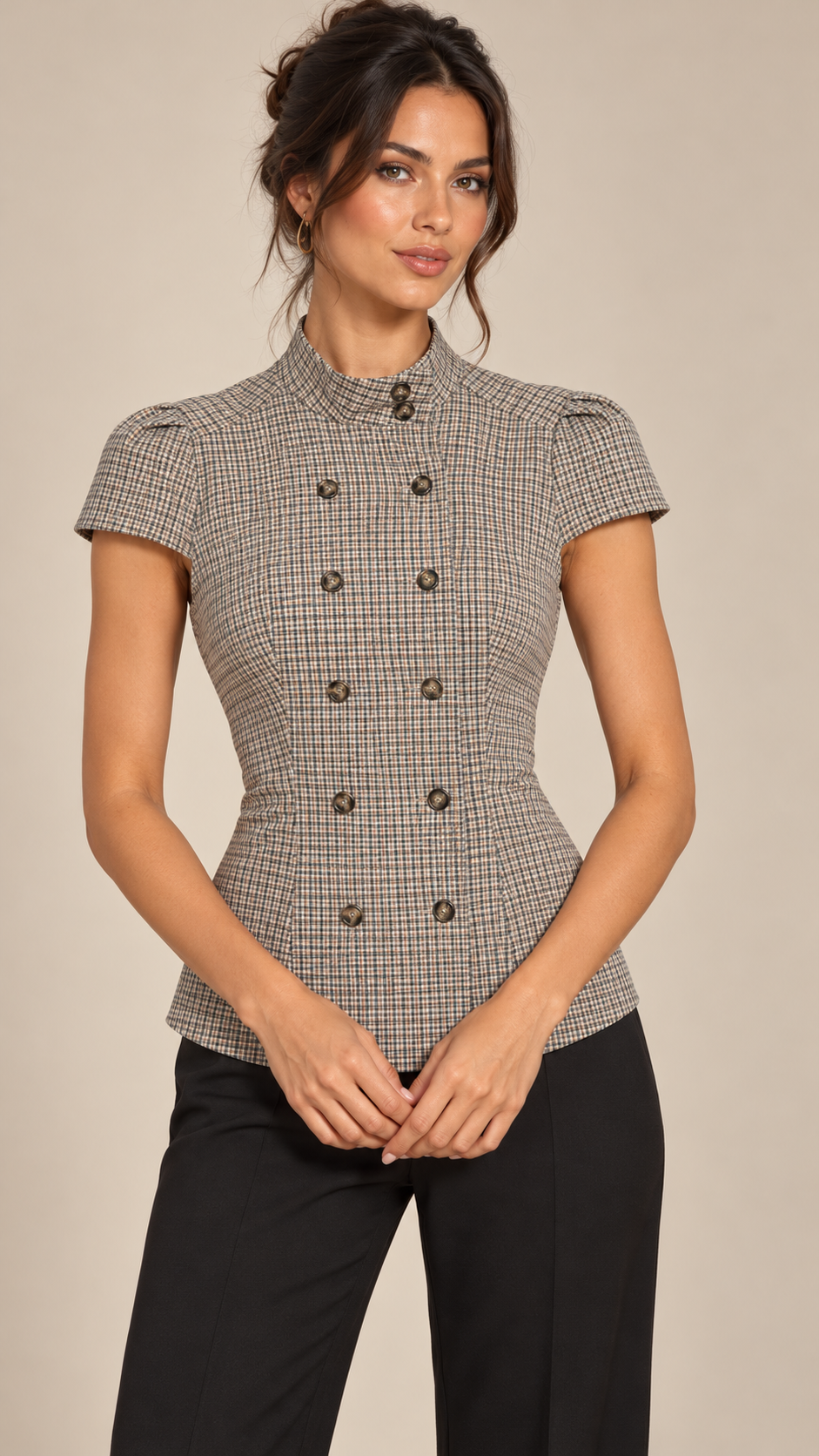 Odalie Check Cap-Sleeve Top — Brown model front