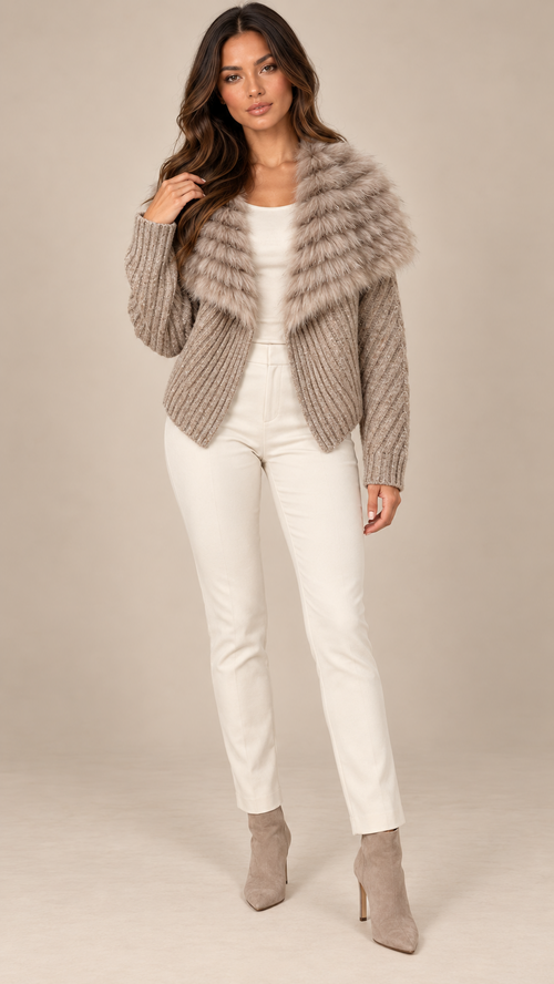 Delia Fur-Trim Cardigan — Brown model front