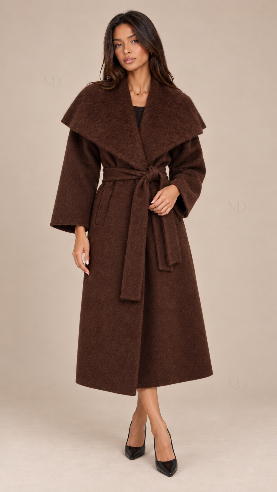 Odette Oversized Collar Wool Coat — Brown model front
