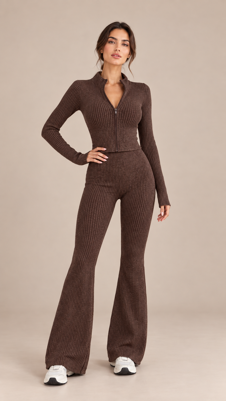 Nova Ribbed Flare Yoga Set — Brown model front