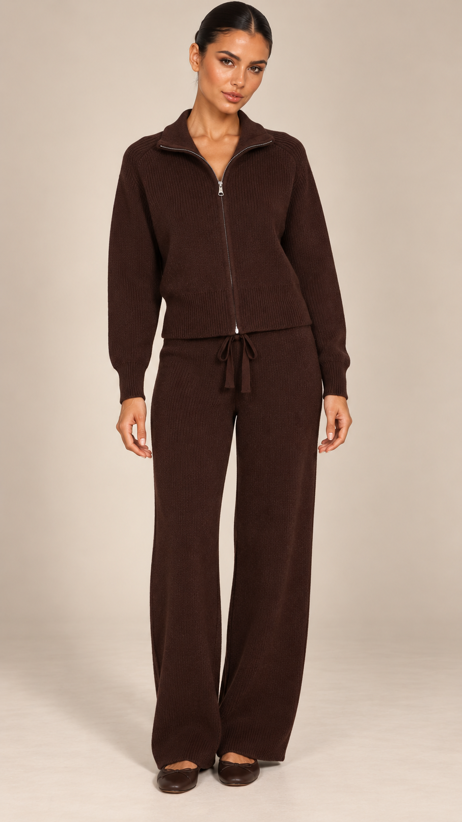 Brielle Zip-Collar Lounge Set — Brown model front