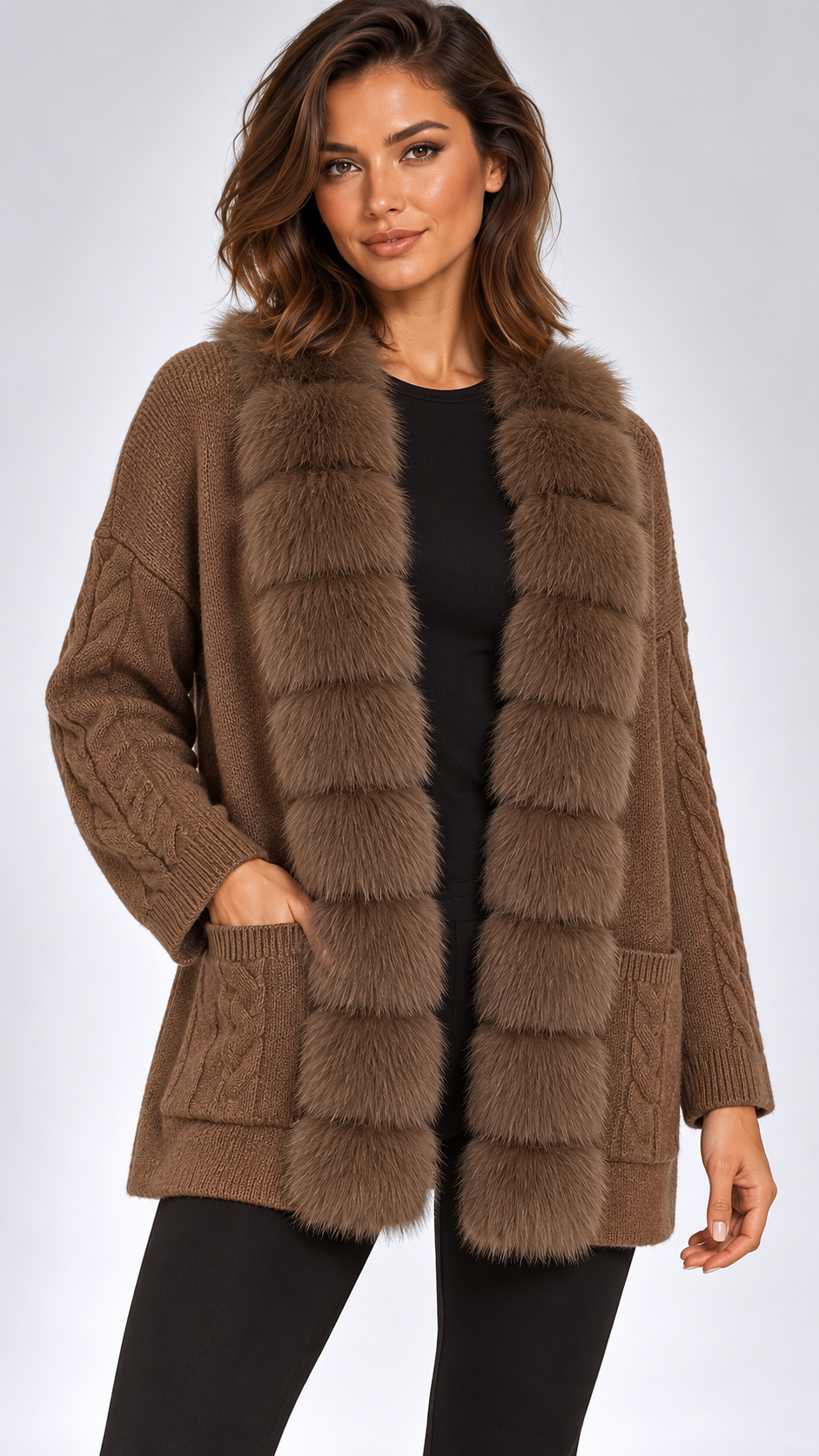 Maribelle Plush-Front Cardigan — Brown model front